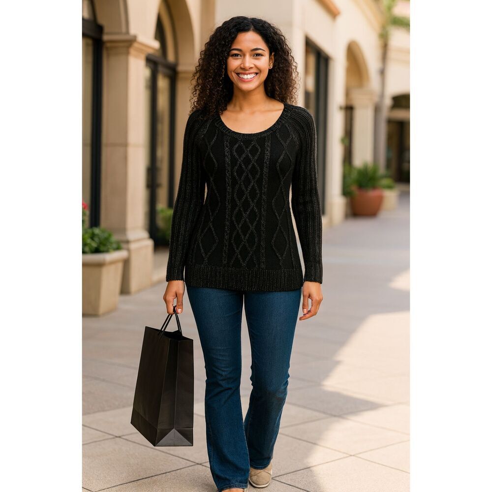 Apt 9 Sweater Womens Size Medium Black Gold Metallic Threads Cable
